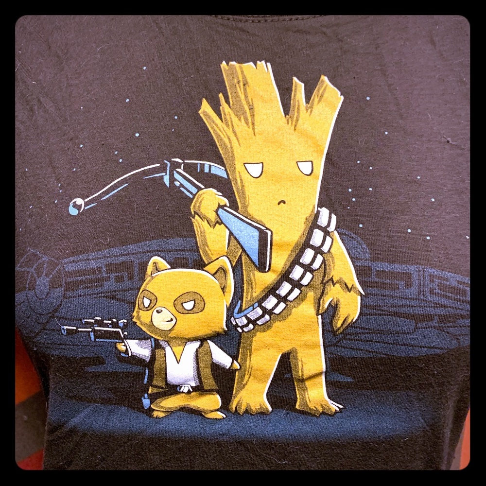 Han/Chewie/Rocket/Groot mash-up women's tee